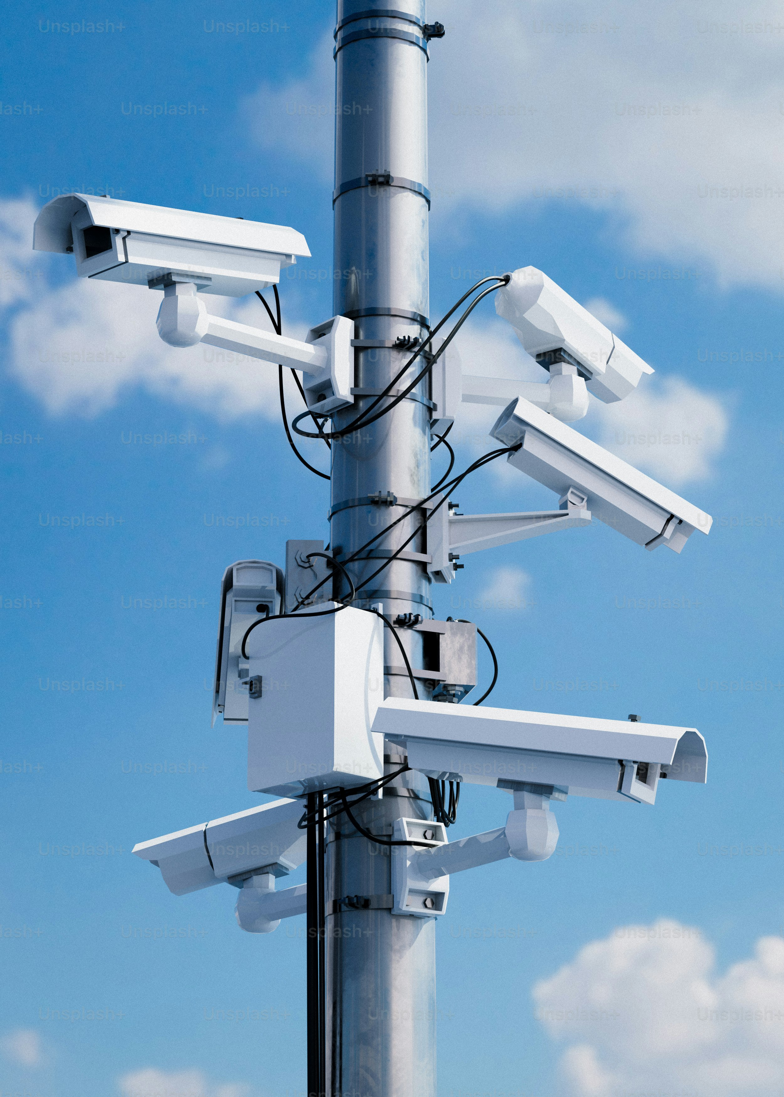 Security cameras mounted on a pole watch the sky